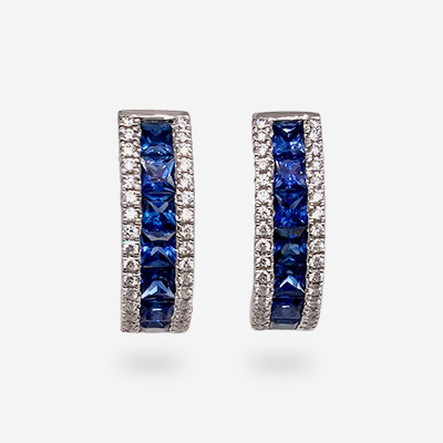 18KT White Gold Princess-Cut Sapphire and Diamond Edged Earrings