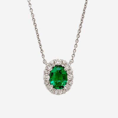 18KT White Gold Oval Emerald and Diamond Halo Pendant