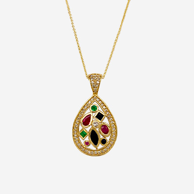 14Kt Yellow Gold Ruby, Sapphire, Emerald and Diamond Pendant
