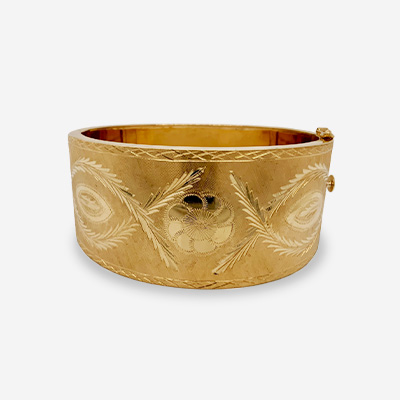 14KT Yellow Gold Engraved Tapered Bangle