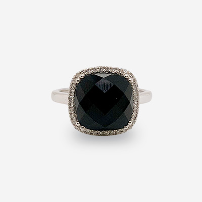 14KT White Gold Black Agate and Diamond Halo Ring