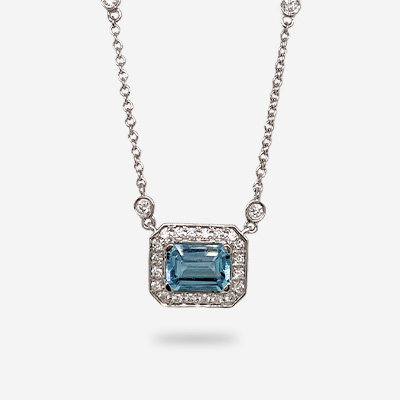 14KT White Gold Emerald-Cut Aquamarine and Diamond Halo Necklace