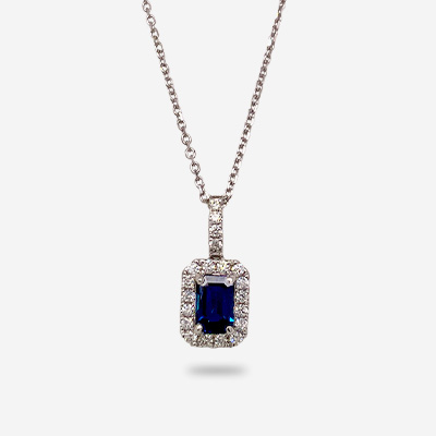 14KT White Gold Emerald-Cut Sapphire and Diamond Halo Pendant