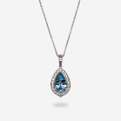 14KT White Gold Pear-Shaped Aquamarine and Diamond Halo Pendant