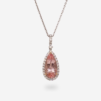 18KT White Gold Pear-Shaped Morganite and Diamond Halo Pendant