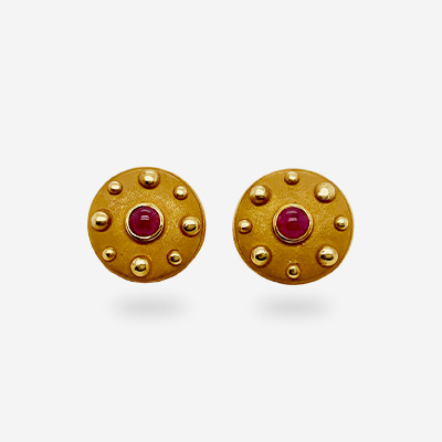 18KT Yellow Gold Center Ruby Disc Stud Earrings