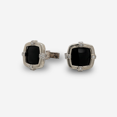 14KT White Gold Diamond and Black Onyx Cufflinks