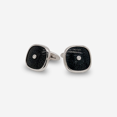 14KT White Gold and Stainless Steel Enamel and Diamond Cufflinks