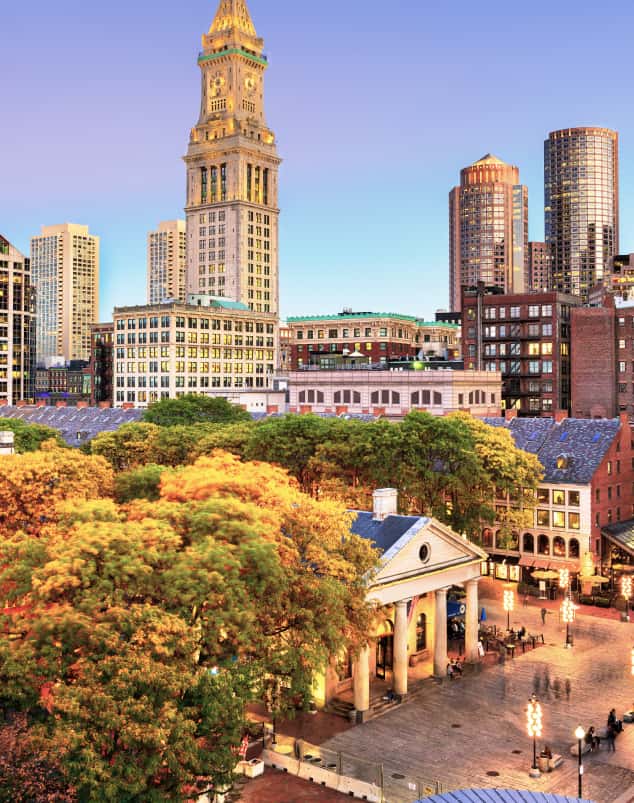 Boston skyline showcasing the home of the EB Horn wedding jewelry shop