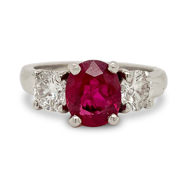 E.B. Horn Platinum Oval Ruby And Diamond Three Stone Ring