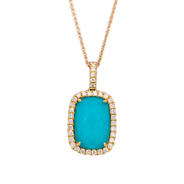 Doves 18Kt Yellow Gold Clear Quartz Over Turquoise And Diamond Necklace