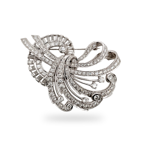 E.B. Horn Platinum Round And Baguette Diamond Brooch